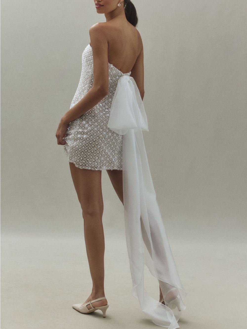 Watters Crescendo Ivory Strapless Floral Beading Tulle Bow Mini Dress Sz 14 NWT - Picture 2 of 8